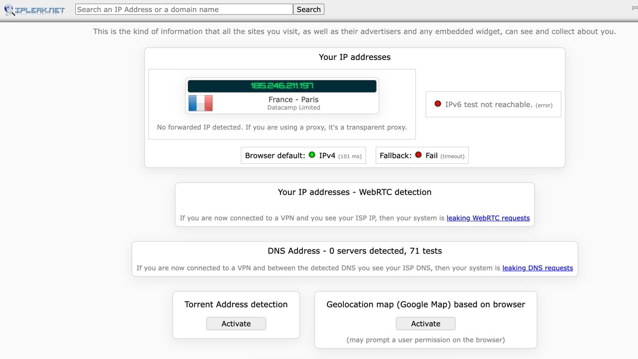 IP address detection page showing France as location, IPv6 test unreachable, and options for Torrent and Geolocation map activation. DNS and WebRTC detection information included.