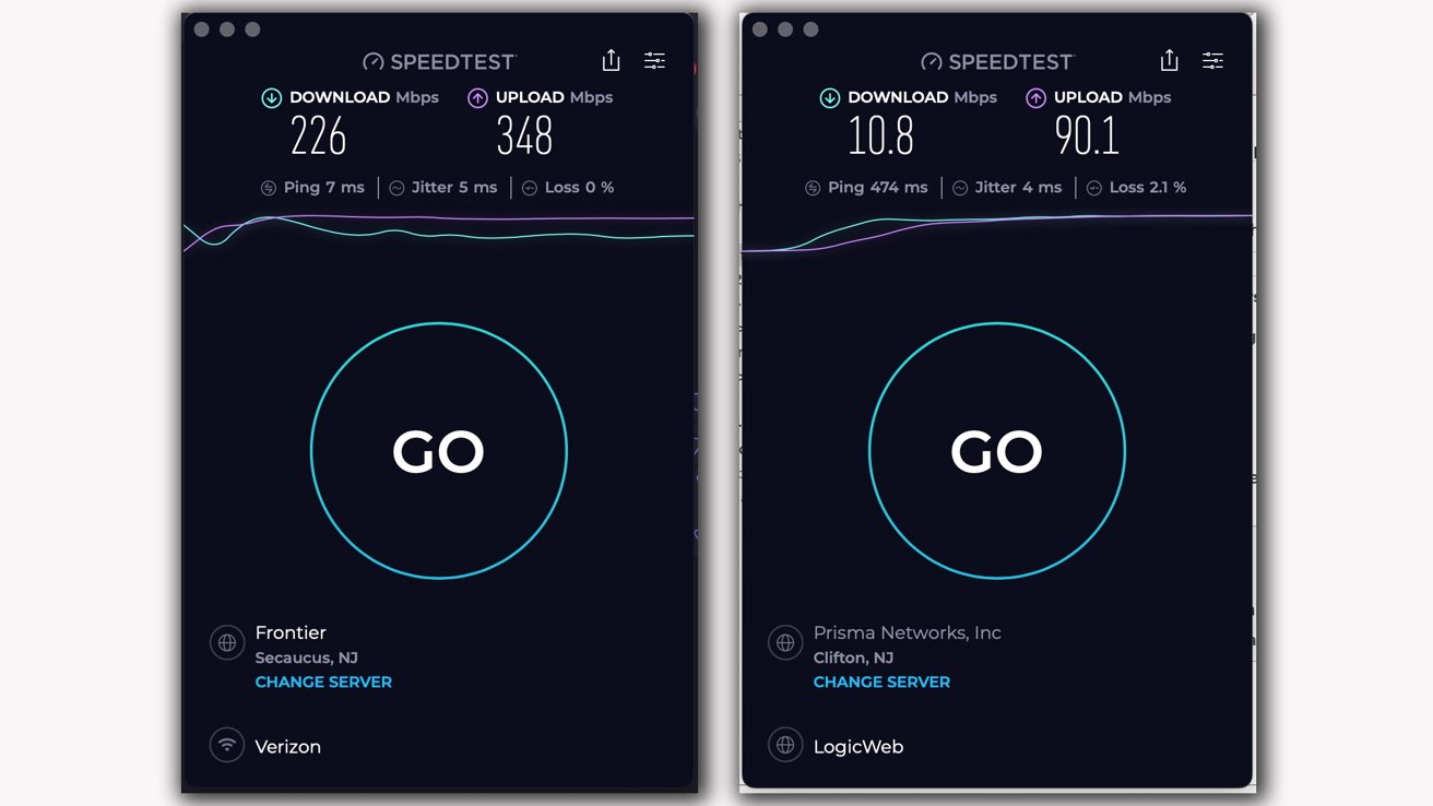 Two speed test examples showing download and upload speeds.