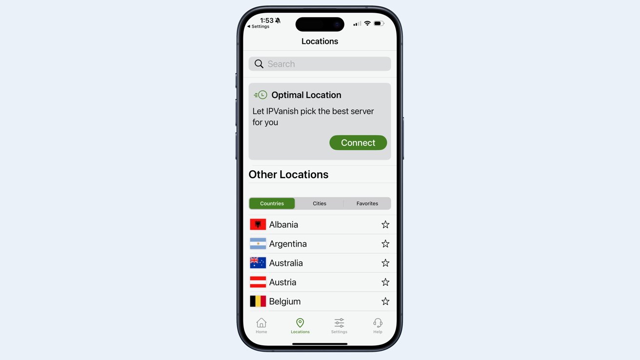 IPVanish Locations menu in the app with the optimal location and additional options.