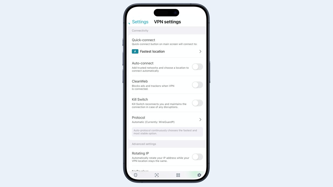 Smartphone displaying Surfshark VPN settings including options for quick-connect, auto-connect, CleanWeb, Kill Switch, protocol, and rotating IP.