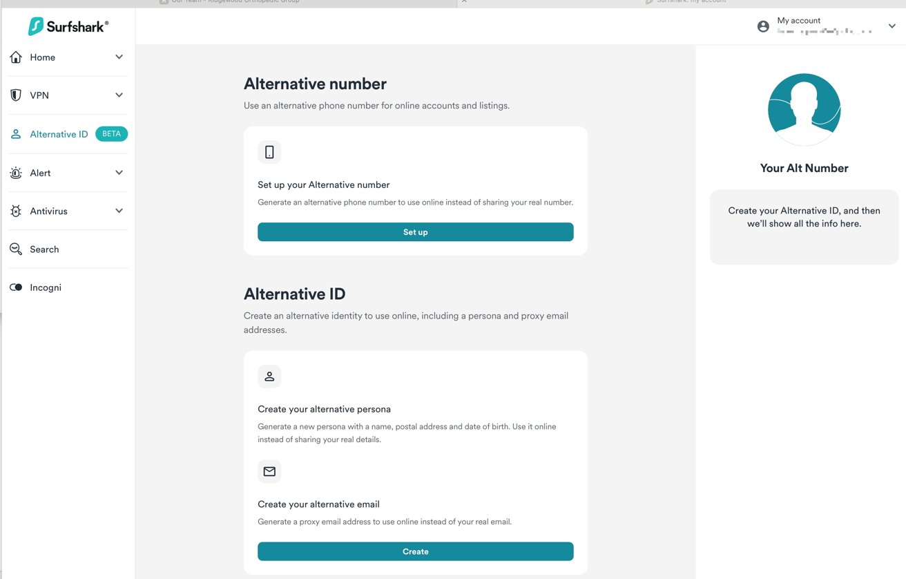 Surfshark settings interface showing options to set an alternative phone number, create alternative persona, and email for online privacy, with sidebar menu.