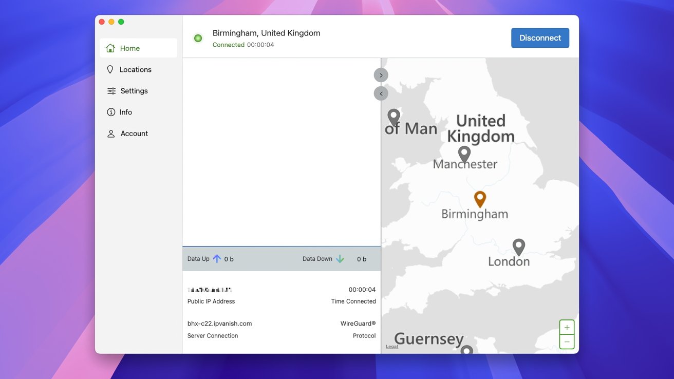 VPN software interface displaying a map of the United Kingdom with Birmingham highlighted, status connected, and data statistics.