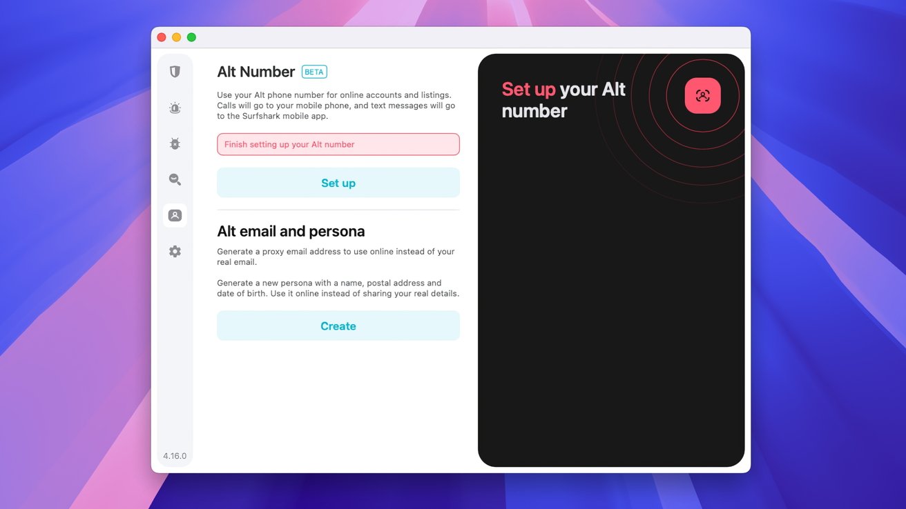 Desktop interface with options to set up an alt phone number and create an alt email and persona, featuring buttons labeled Set up and Create.