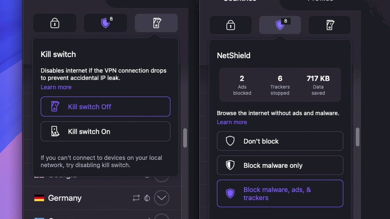 VPN settings interface showing options for kill switch and NetShield, including stats on ads blocked, trackers stopped, and data saved. Options include kill switch toggle and malware/ad blocking.