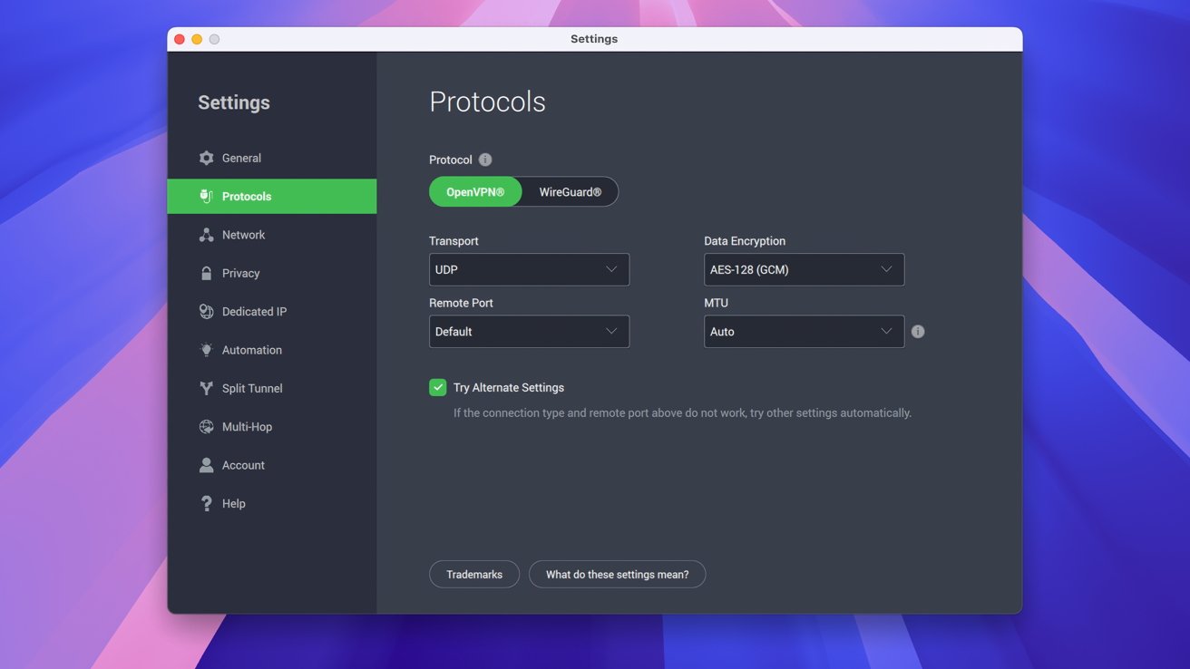 Settings menu showing protocol options with selections for OpenVPN, data encryption, and transport settings. Side menu includes general, network, privacy, and more options.