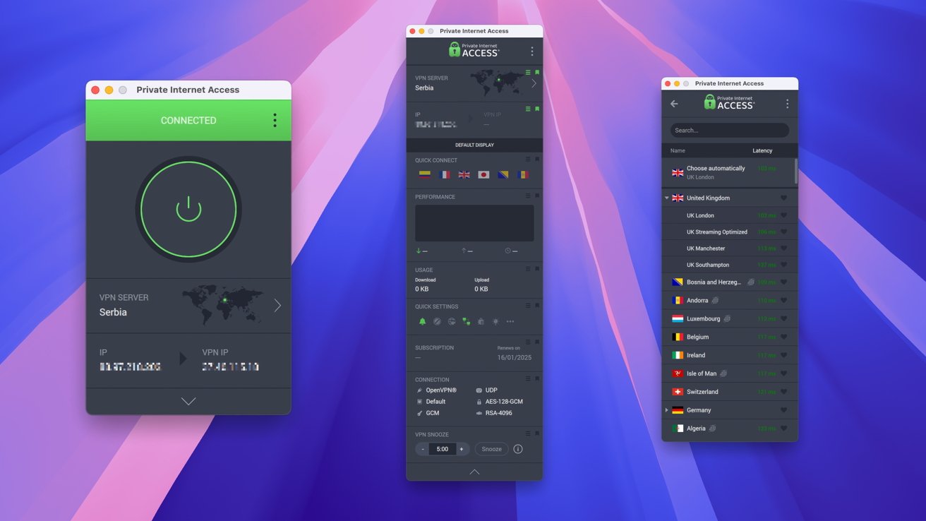 Three Private Internet Access VPN interface windows on a vibrant purple and pink background, showing connection status, server selection, performance, and connection settings.