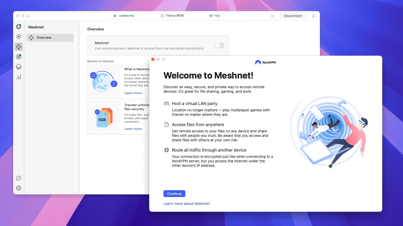 NordVPN Meshnet setup screen highlighting features like virtual LAN party hosting, remote file access, and traffic routing. Includes a playful illustration of people using devices.