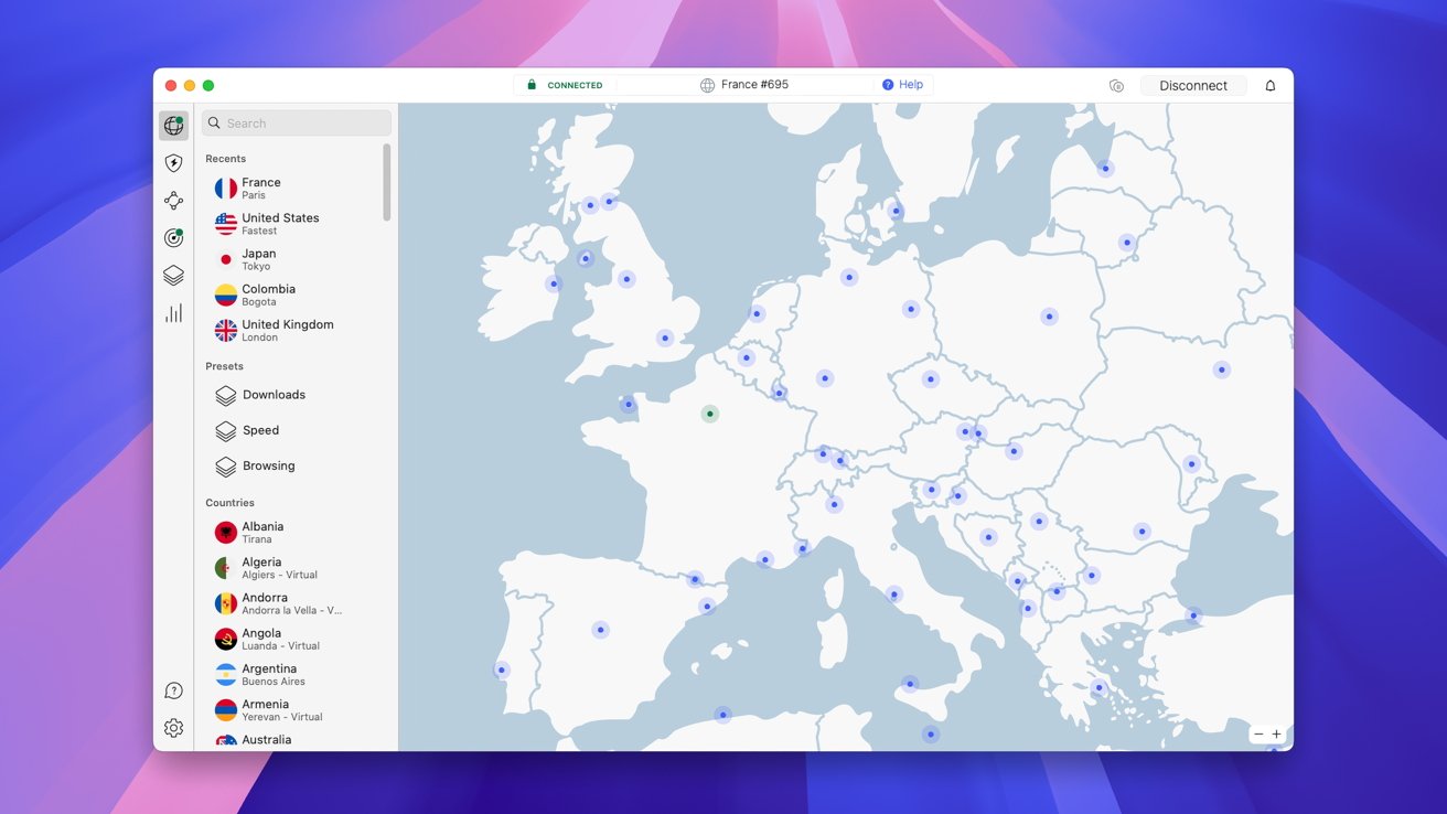 Map of Europe with various city connection points highlighted, application menu on left lists countries and connection options.