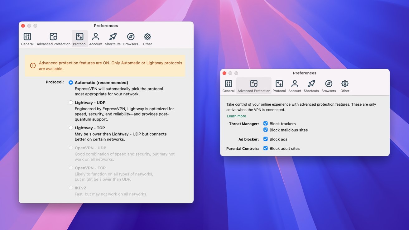 Two preference windows highlight ExpressVPN protocols and advanced protection features, including blocking trackers, malicious sites, ads, and adult sites. The background is a purple and blue gradient.