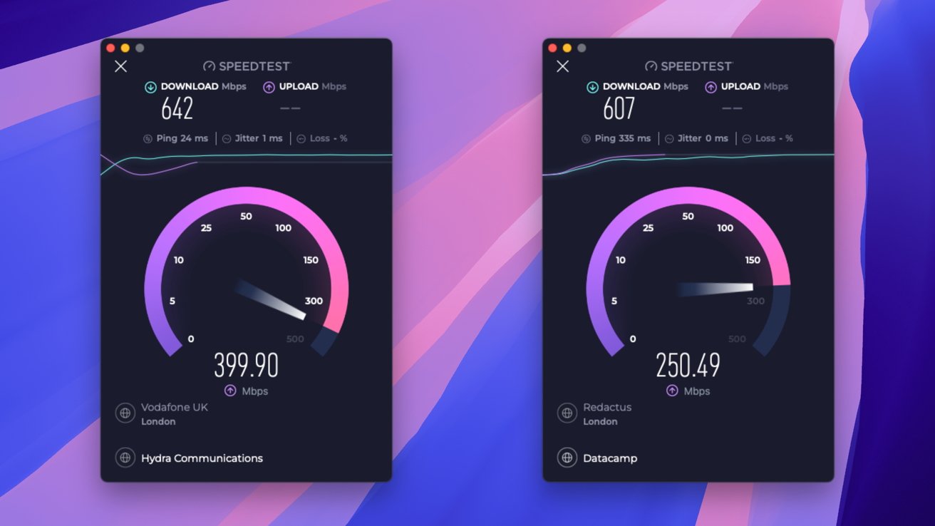 Two side-by-side internet speed test results showing download speeds of 642 Mbps and 607 Mbps, with gauges and server information on a colorful background.