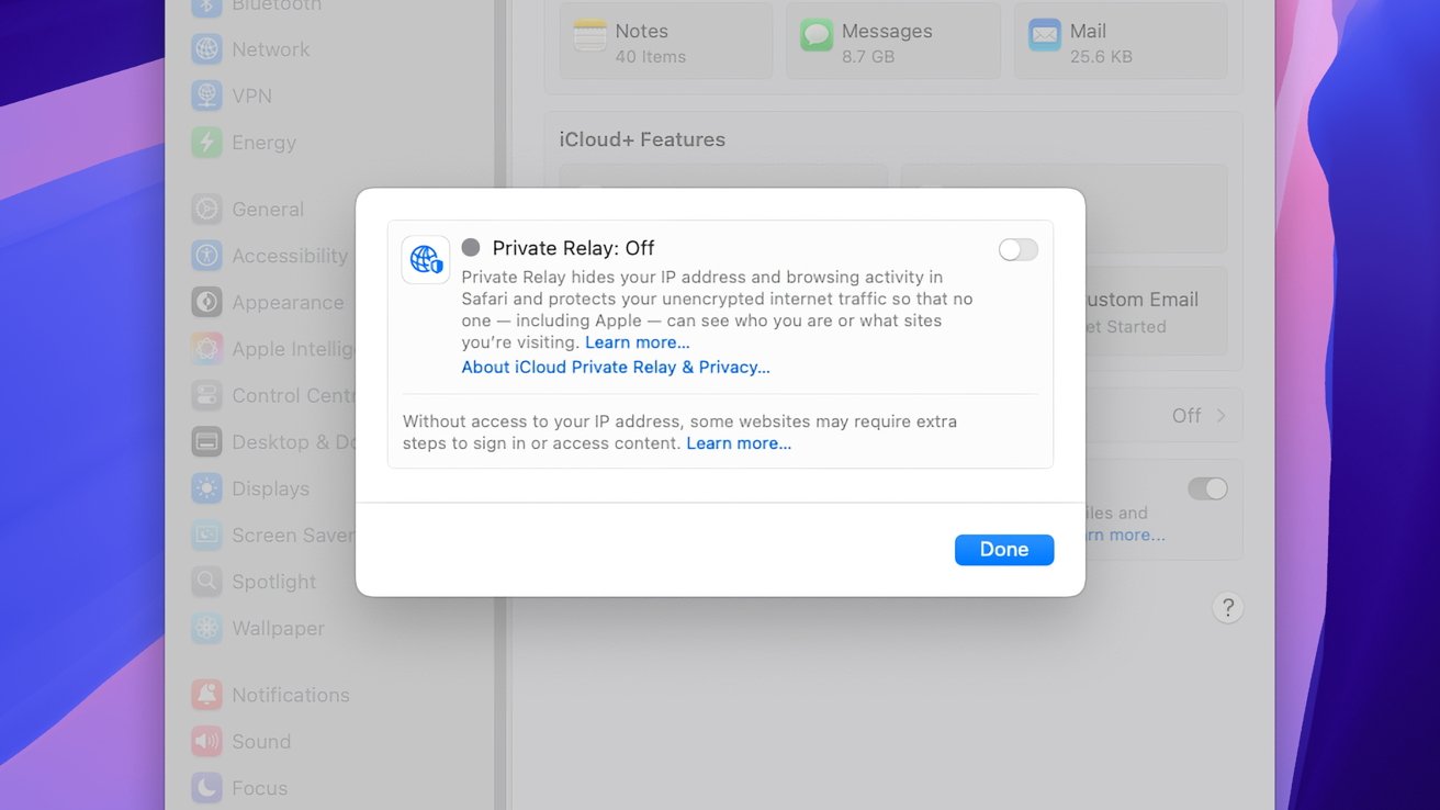 Settings window displaying iCloud Private Relay information with the option turned off. Text explains its purpose, and a blue 'Done' button is at the bottom.