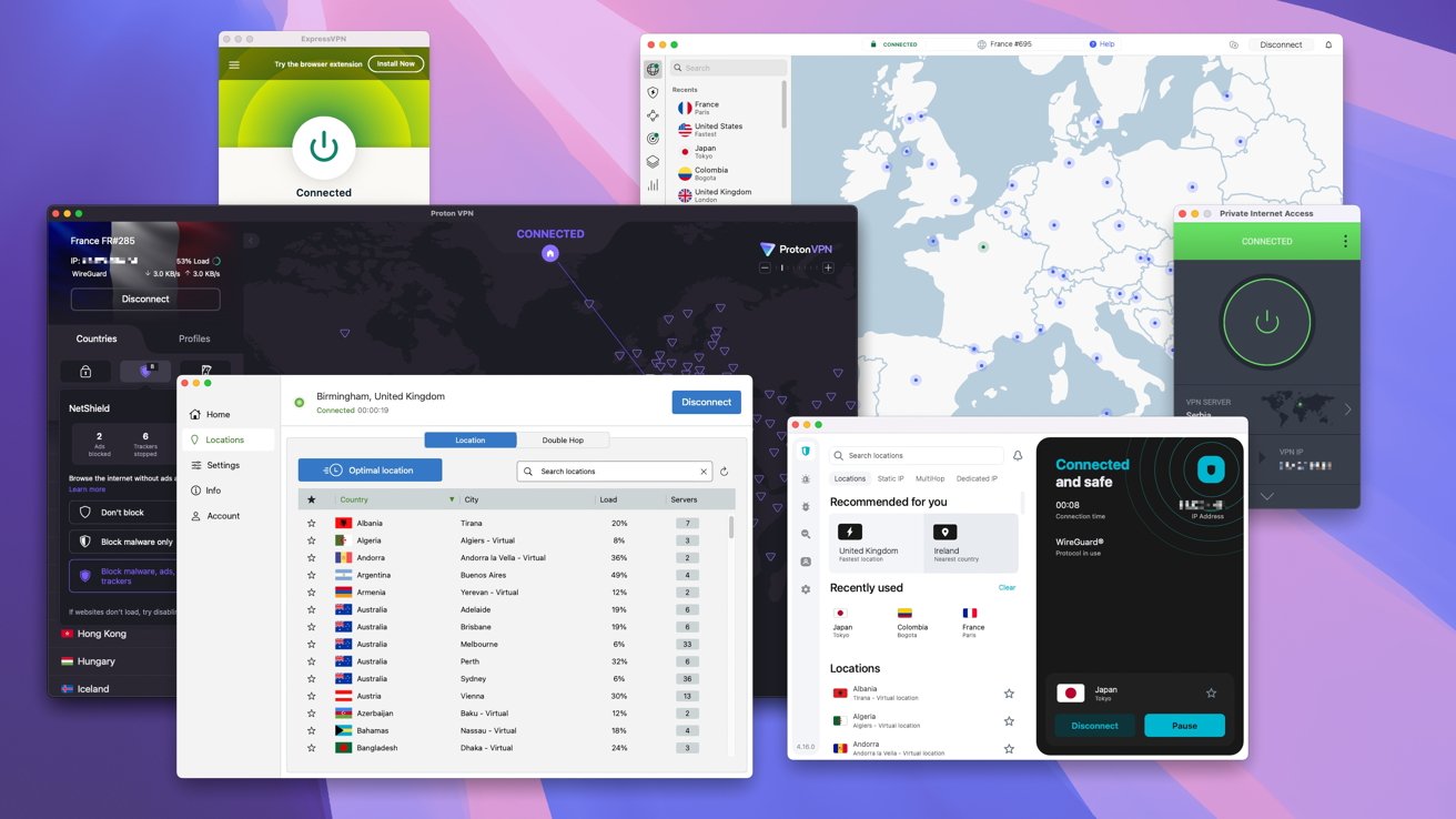 Various VPN app interfaces displaying connection details, server locations, and status indicators on a colorful background.